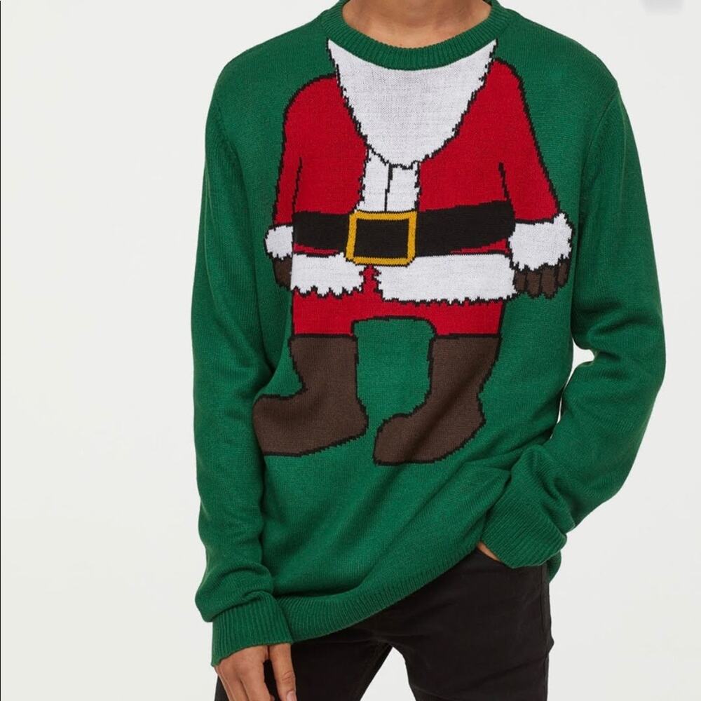 H&M Divided Santa Body Christmas Holiday Sweater Mens Size S Green